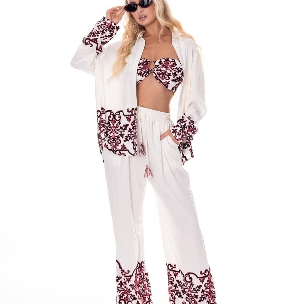 Elegant White and Burgundy Women's Pants & Jumpsuit Set